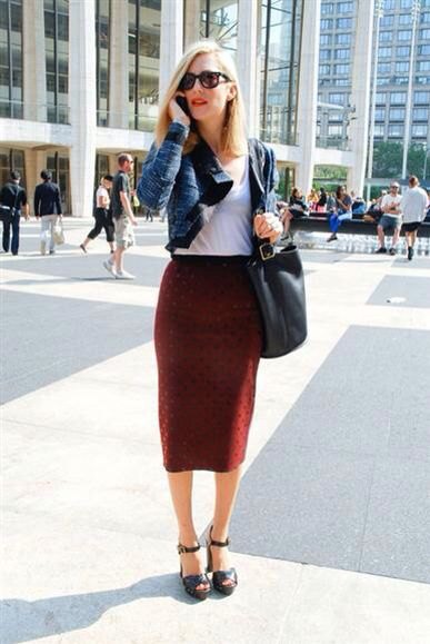 navy short blazer with burgundy midi skirt with high waist