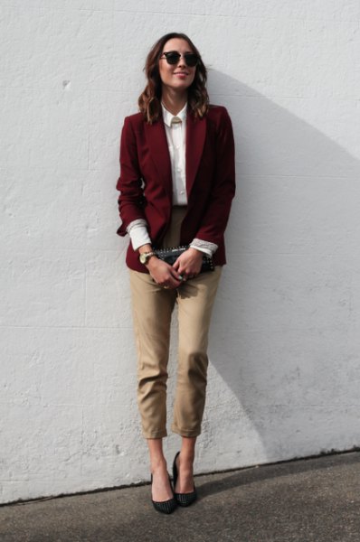 burgundy causal blazer with white collar shirt and green cropped pants