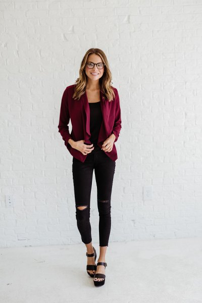 casual blazer with black vest top and ripped skinny jeans