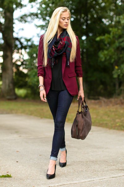 burgundy blazer with black chiffon blouse with dark jeans