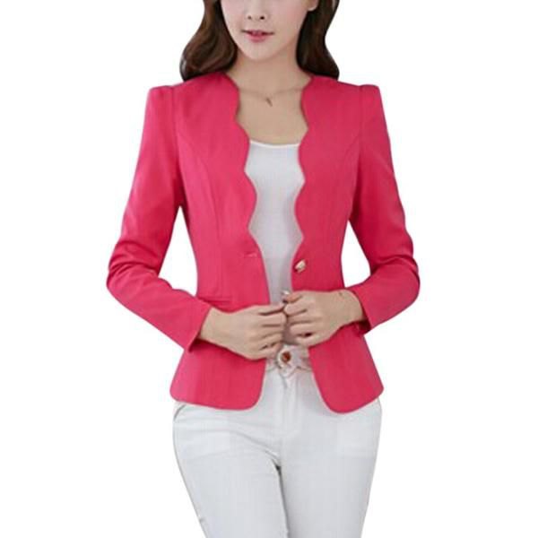 warm pink peeled detailed slim fit blazer with white skinny pants