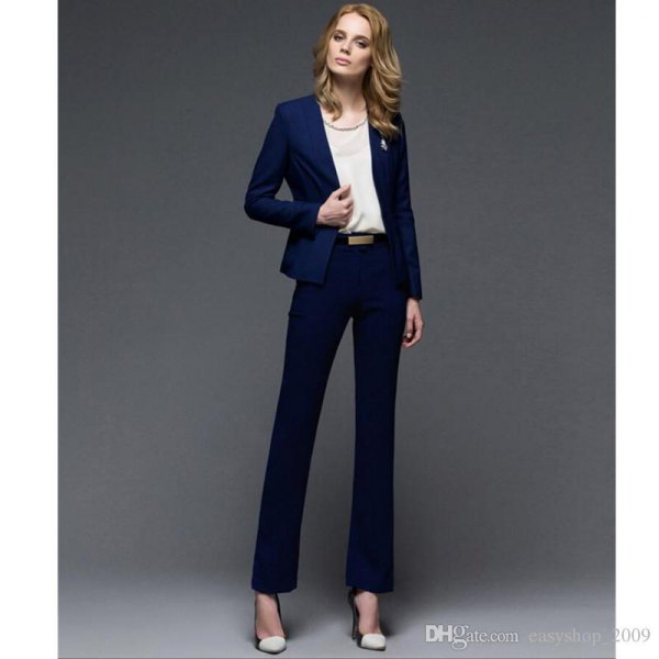 navy slim fit blazer with chiffon top and straight leg trousers