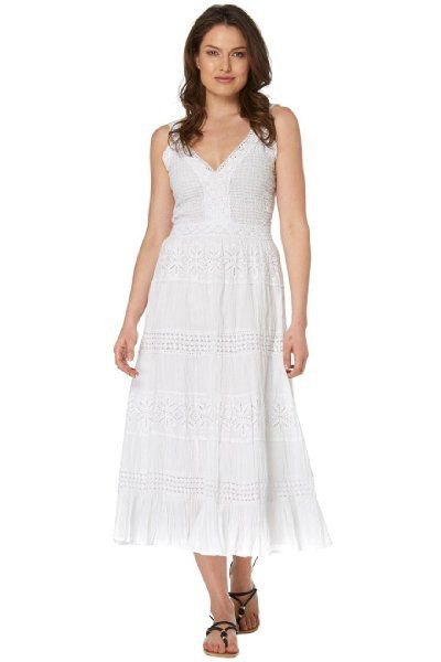 white deep v-neck crocheted midi summer dress