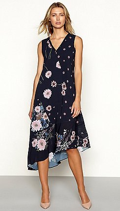 navy floral printed midi sleeveless summer cotton dress