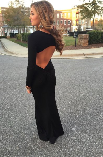 black long sleeve maxi dress with open back with ballet heels
