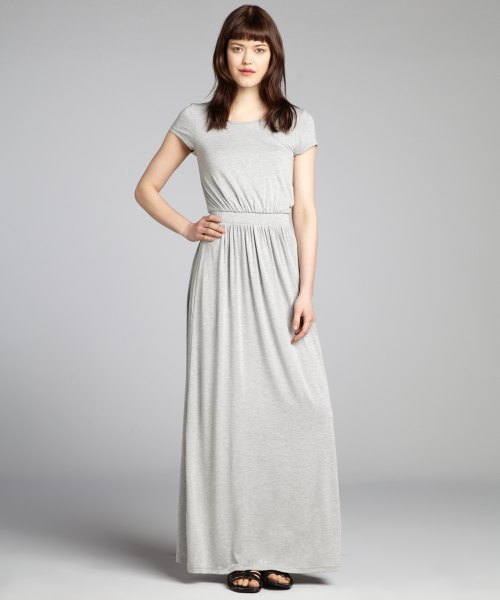 light gray overall waist fit and flare maxi jersey knit dress