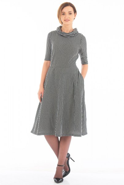 black and white striped half-sleeved fit and flare dress
