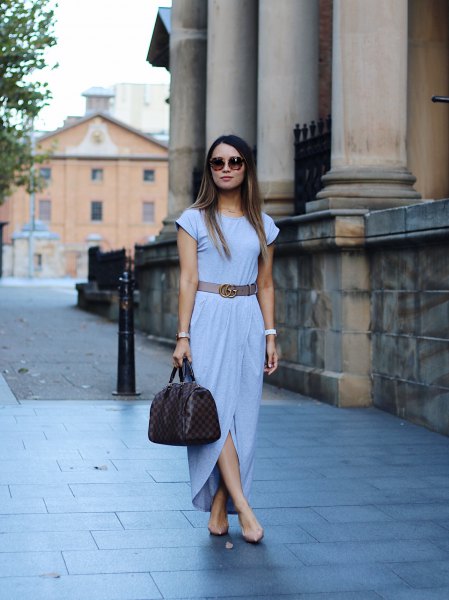 sky blue hat with a wrap band with maxi dress with light pink heels