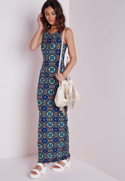 blue and pink tribal printed maxi jersey dress with white sandals