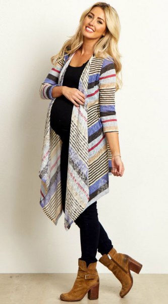 blue white and red pointed long mommy cardigan with black vest top