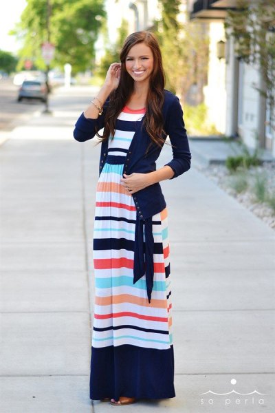 navy sweater cardigan with blue and white color block maxi dress for maternity