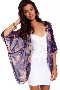navy blue floral printed cape with white mini dress