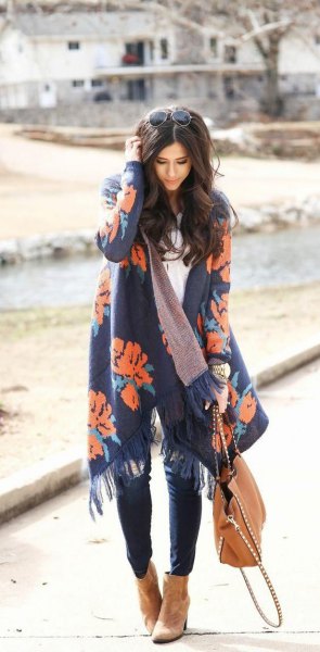 navy and lime green printed knit cardigan with camel boots