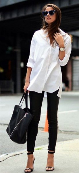 white button up long blouse with black skinny ankle jeans and open toe heels