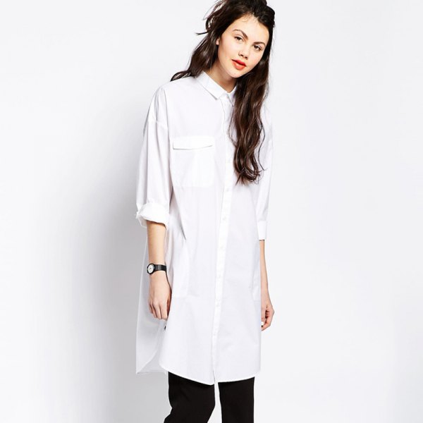 white long button up shirt with black slim fit jeans