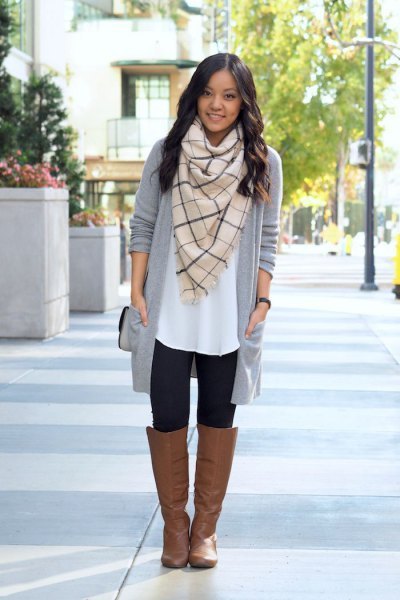 white tunic blouse with pink pink scarf and gray longline cardigan