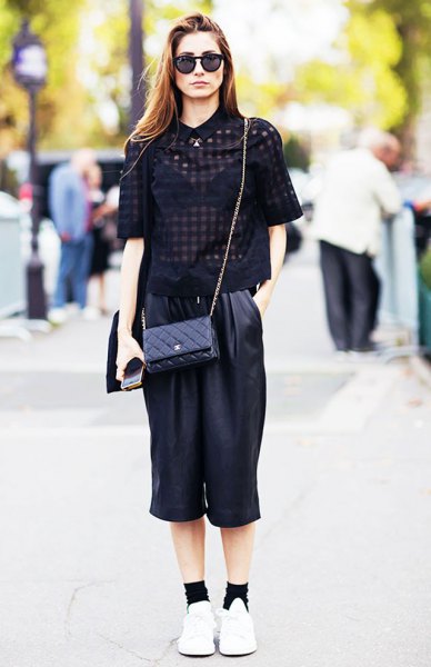 black half short sleeves with leather cropped at leg pants