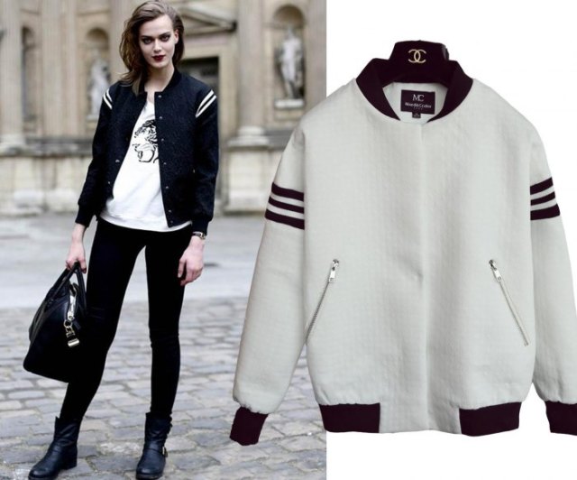 black and white striped baseball jacket with printed tee