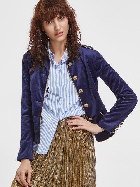 navy velvet sports jacket with striped shirt and pleated skirt