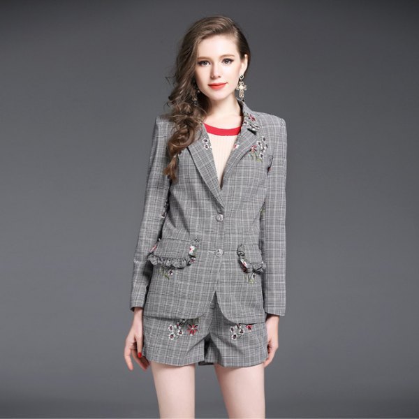 gray plated suit consists of floating dress shorts