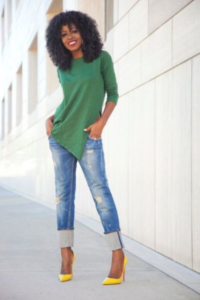 green tunic shirt with blue cuff with slim fit ripped jeans