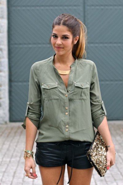 army green button shirt with black mini leather shorts