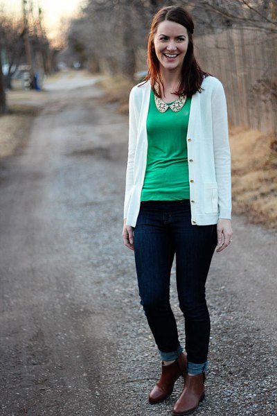 white sweater cardigan with green blouse in collar neck and ankles