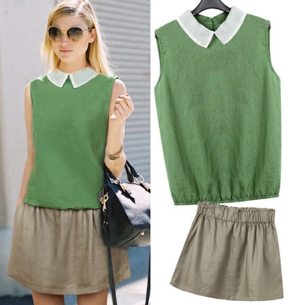green sleeveless collar shirt with mini skater skirt