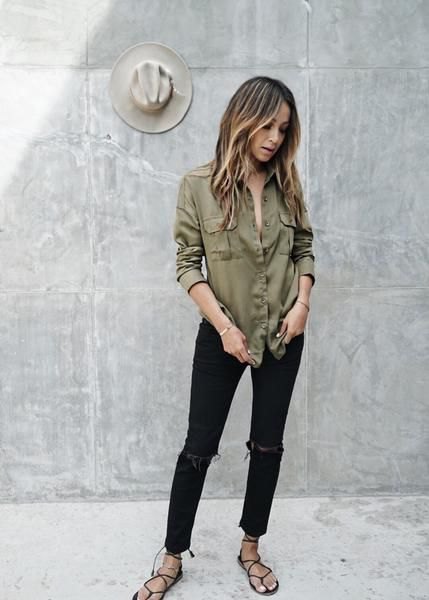 army green button up boyfriend sweater with black skinny jeans