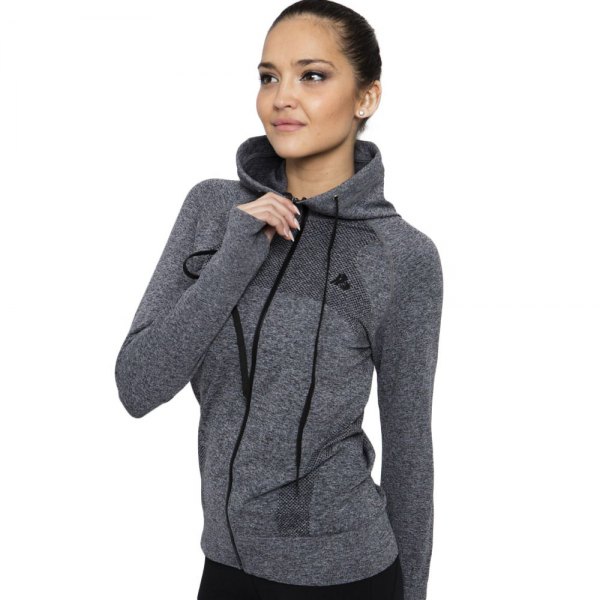 gray hooded sports skirt with black jeans