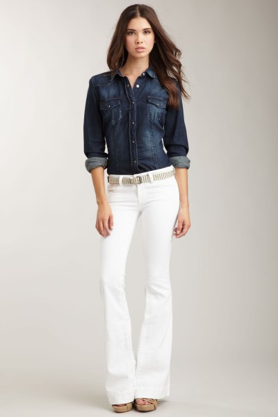 dark blue denim button shirt with belt white jeans