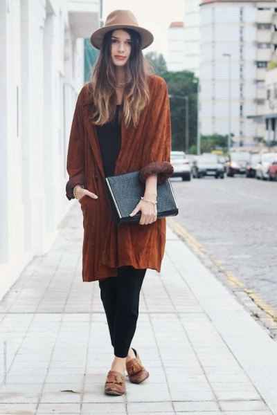 light brown felt hat with suede relaxed fit long jacket