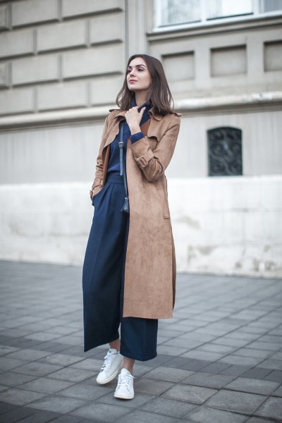 mid length gray brown suede coat with navy blue leggings