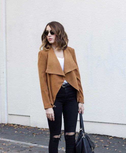 brown blazer skirt with black ripped slim fit jeans