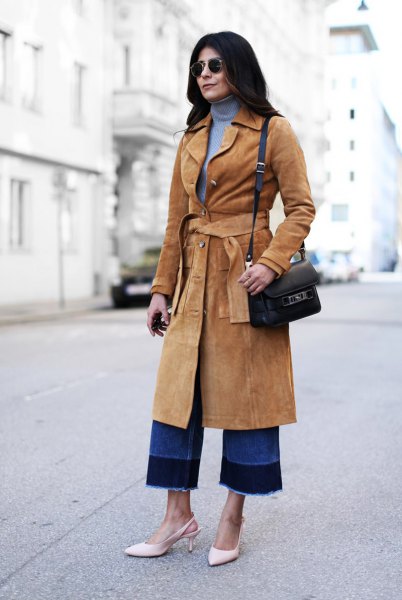 camel belt midi length suede rock with blue jersey neck sweater