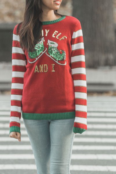 red and white striped sweater with crew neck with light gray skinny jeans