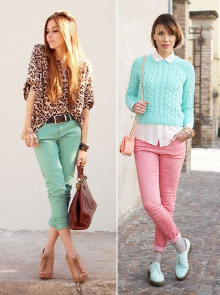 sky blue cable knitted cropped sweater with white shirt and pink jeans