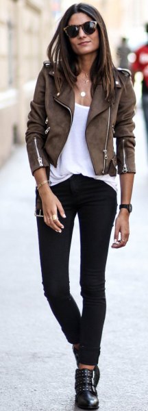 dark brown suede with suede cyclist with white top with shoe neck