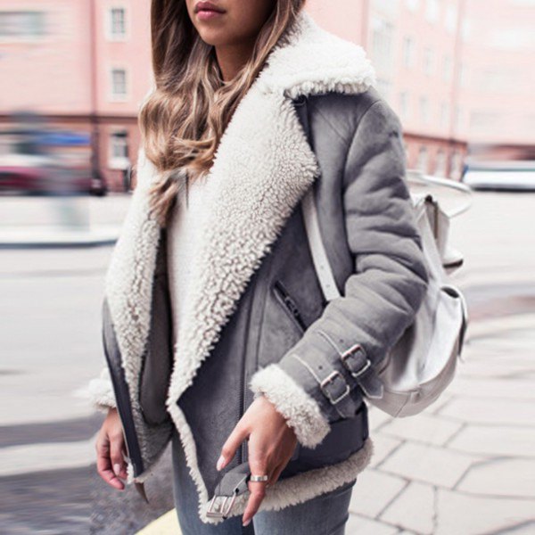 white faux fur collar suede cyclist jacket with skinny jeans