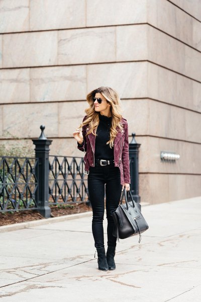 gray suede bike jacket with black skinny jeans and suede boots