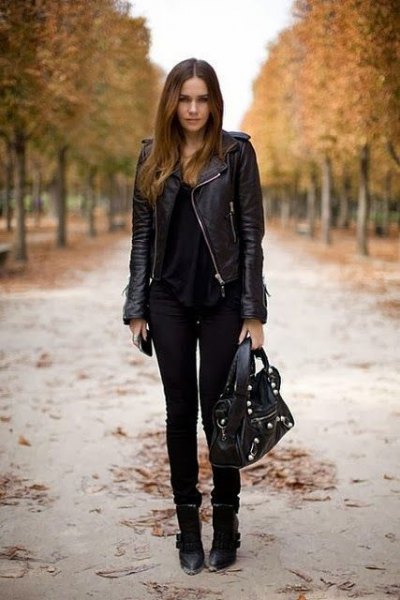 black leather jacket with biker jeans and ankle boots