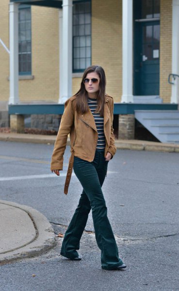 flared velvet jeans with brown suede suede jacket