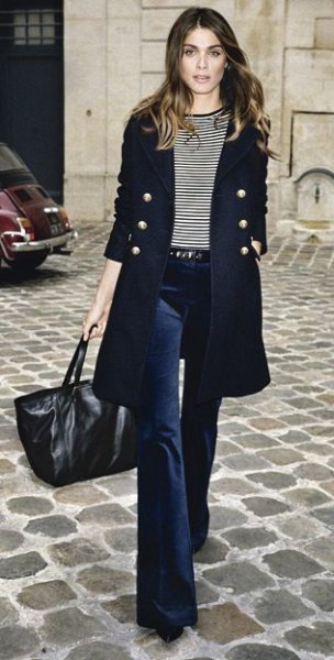 black long-line double-width long-line blazer with navy blue flared velvet jeans