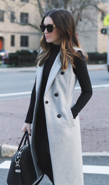 gray sleeveless double wool skirt with black shift dress