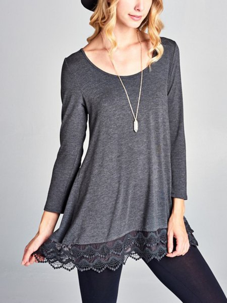 gray long sleeve boat neck lace tunic with black leggings