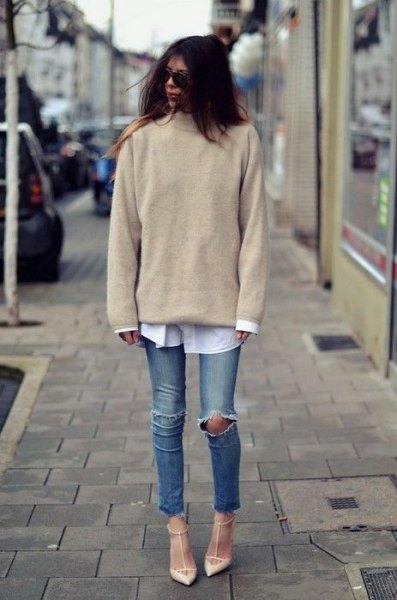 light gray mock-haired chunky sweater with white button up boy's shirt
