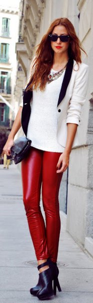 white sweater with fitted blazer and leather legs