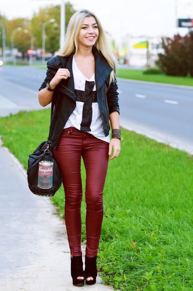black leather blazer with matching red leather pants