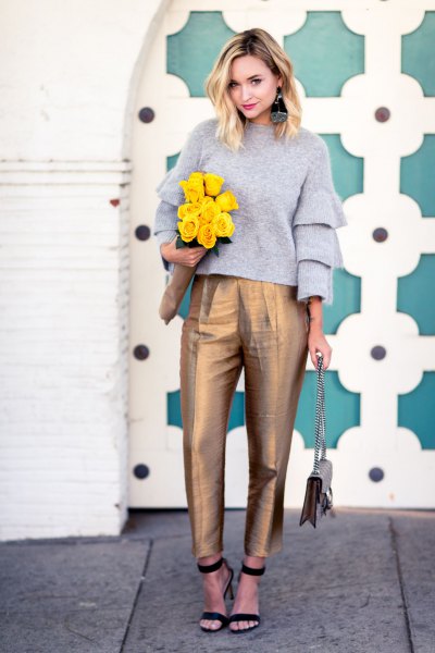 gray ruffle sleeve crew sweater with gold high waist ankle chinos