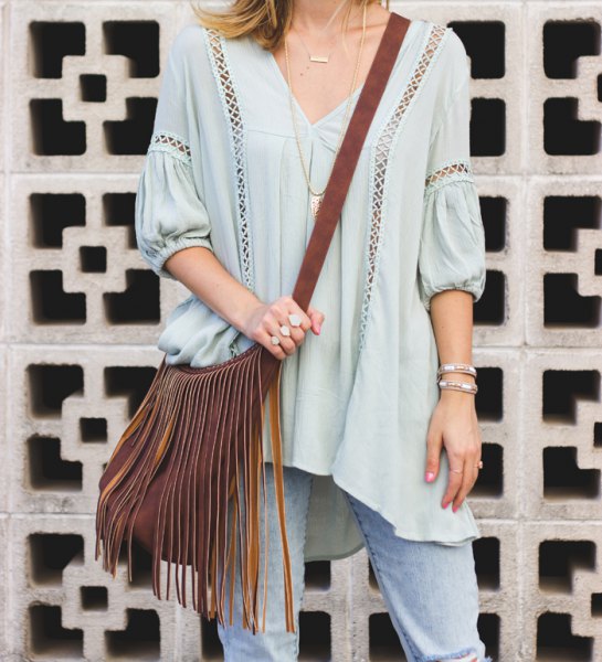 light blue half-heated v-neck tunic with top in cutout